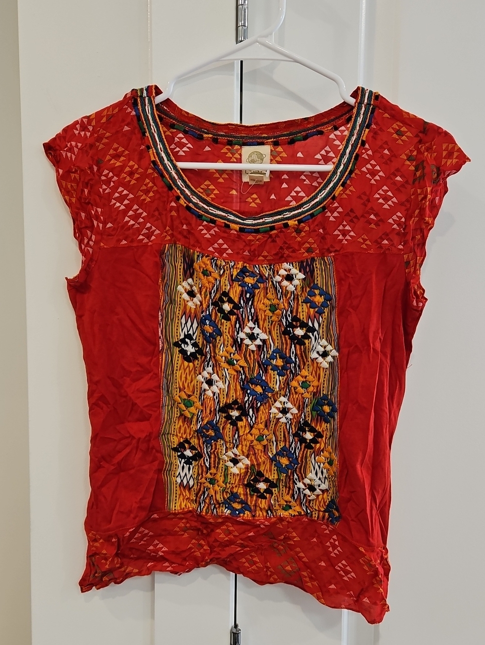 Red Patterned Short-Sleeve Women's Top
